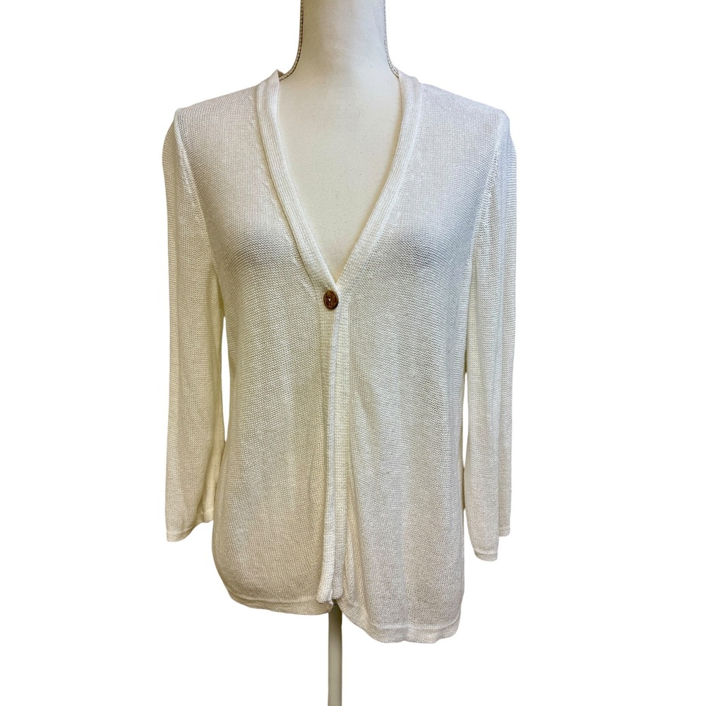 J JILL White Linen Cardigan Sweater Sz M Minimalist Office Quiet Luxury Travel